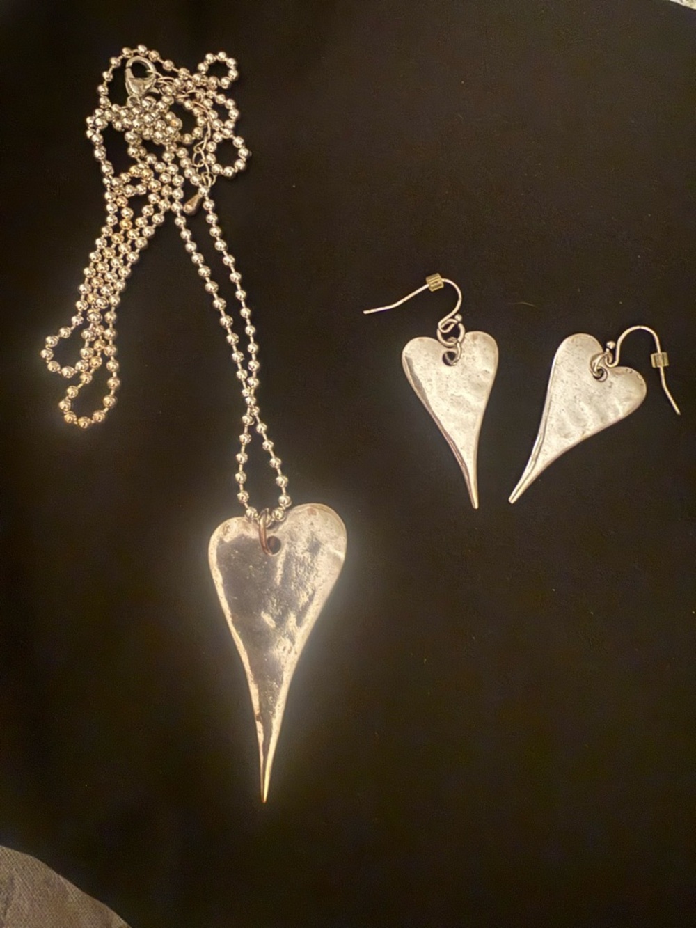 Silver Heart Drop Necklace and Earrings Set